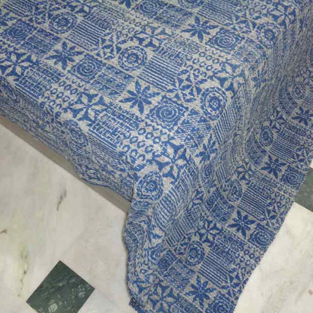 COTTON INDIGO ALL OVER PRINT KANTHA BED COVER FOR ALL-SEASON