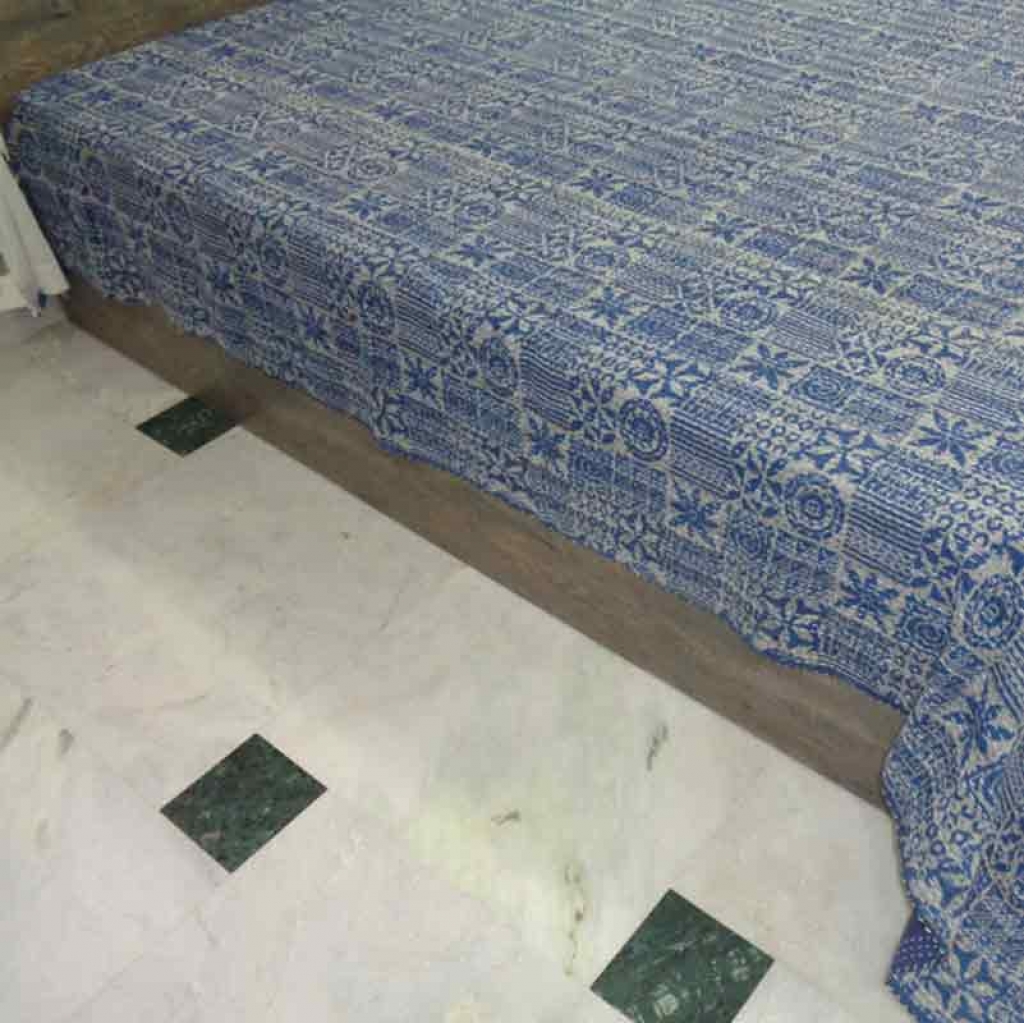 COTTON INDIGO ALL OVER PRINT KANTHA BED COVER FOR ALL-SEASON