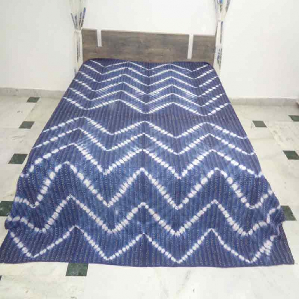 COTTON INDIGO ALL OVER PRINT KANTHA BED COVER FOR ALL-SEASON