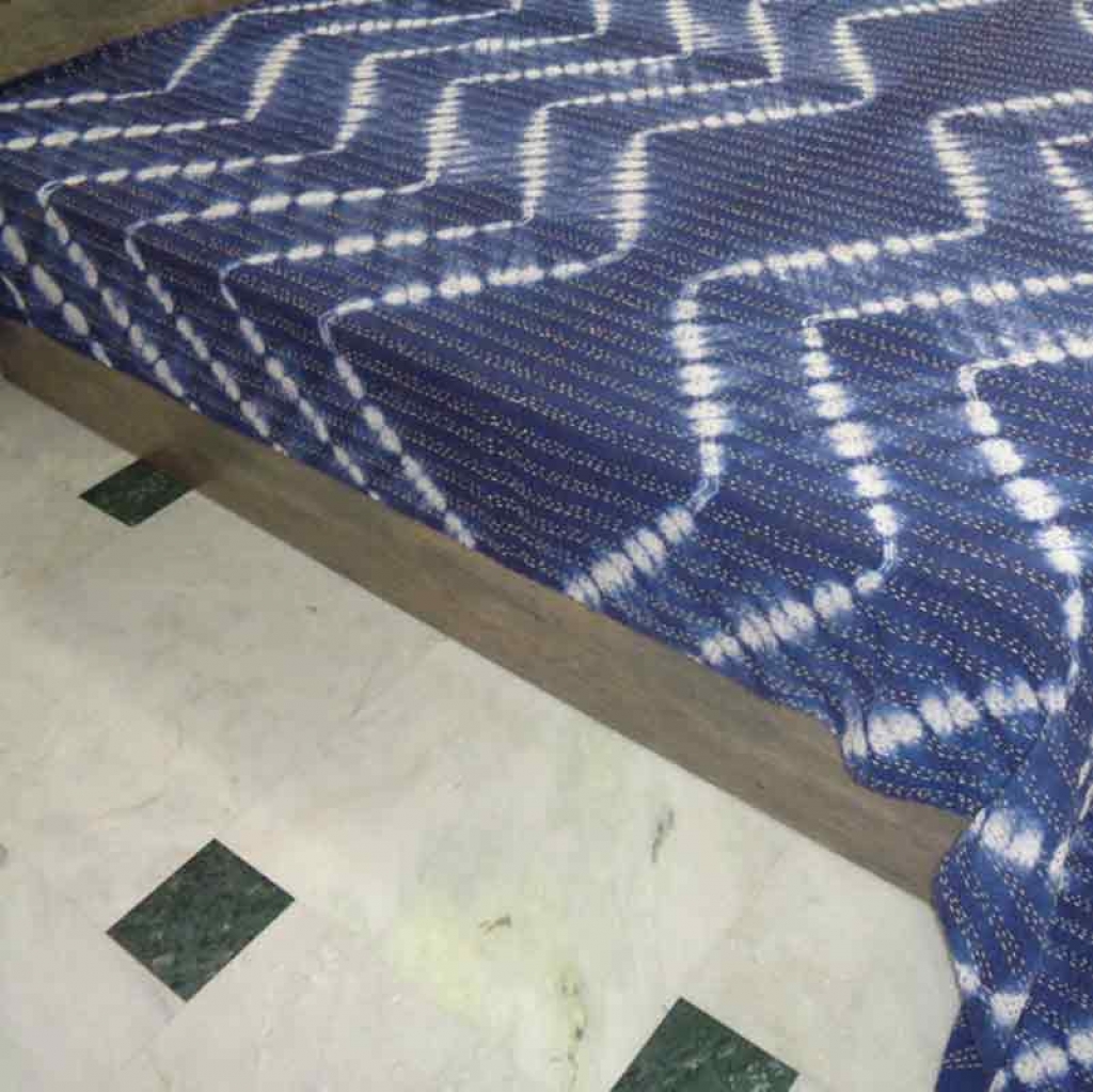 COTTON INDIGO ALL OVER PRINT KANTHA BED COVER FOR ALL-SEASON