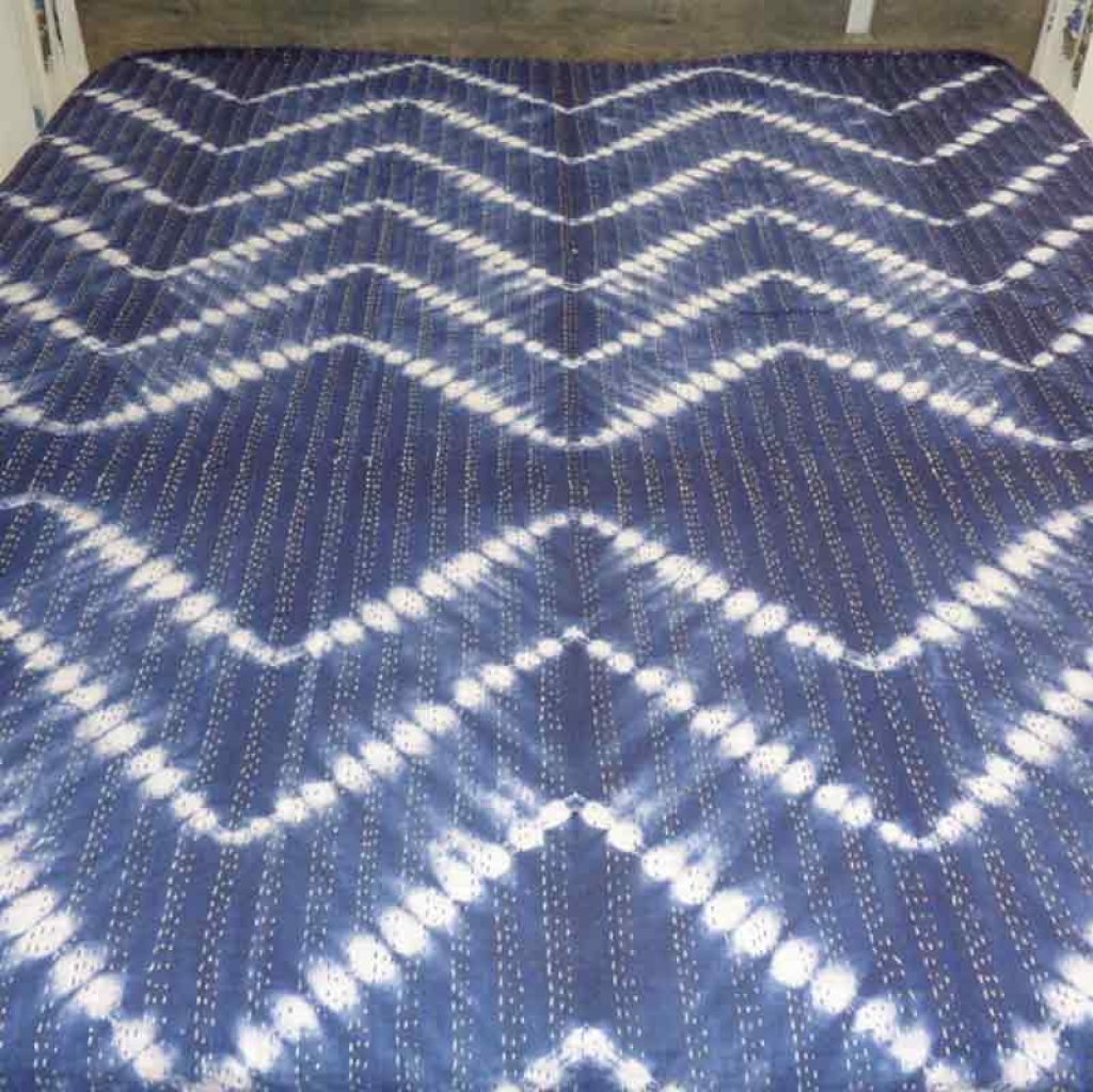 COTTON INDIGO ALL OVER PRINT KANTHA BED COVER FOR ALL-SEASON