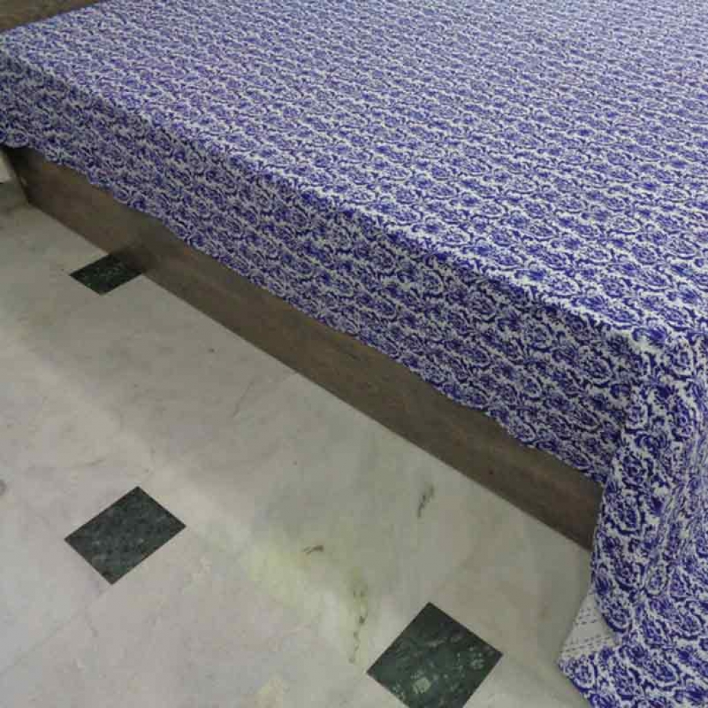 COTTON INDIGO ALL OVER PRINT KANTHA BED COVER FOR ALL-SEASON