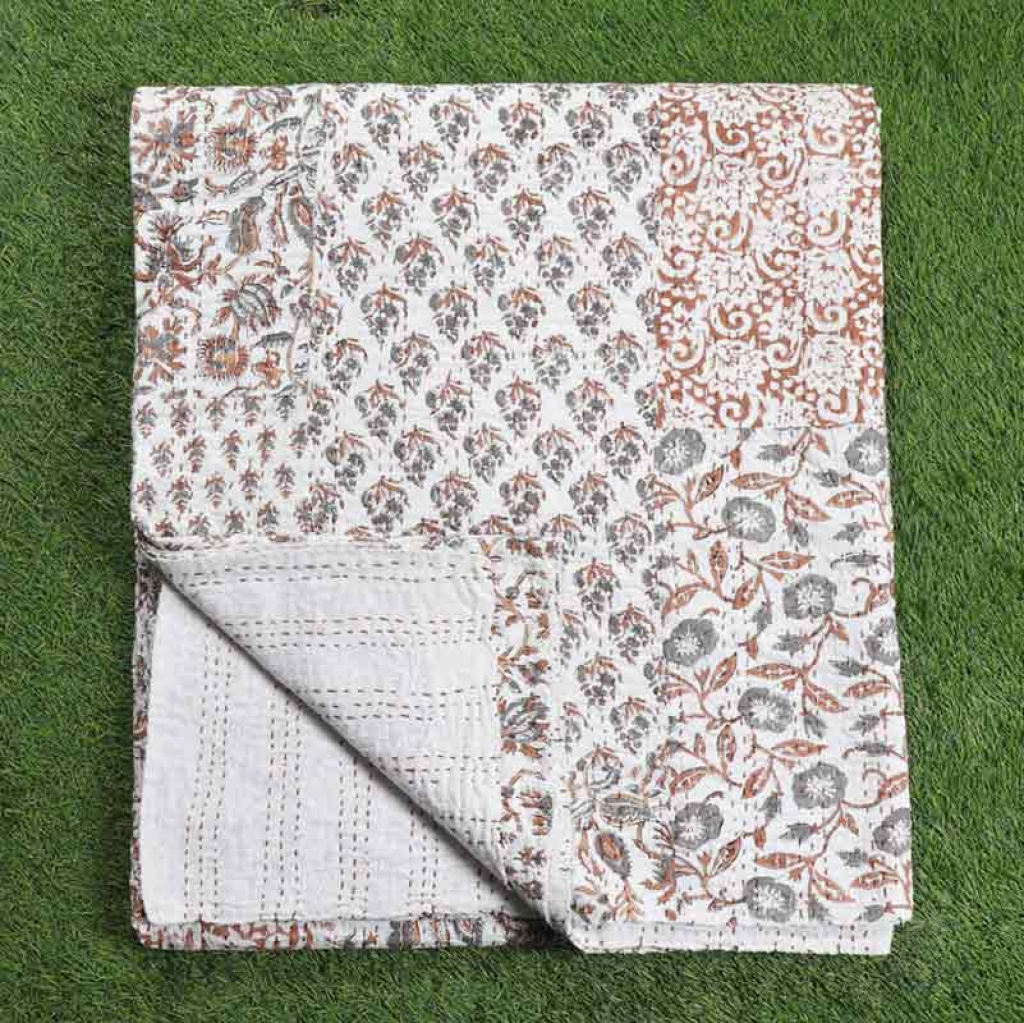 COTTON HAND BLOCK PATCH WORK PRINT KANTHA BED COVER FOR ALL SEASON