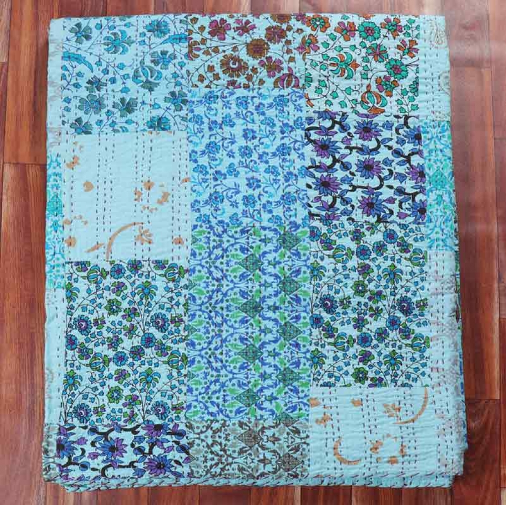 COTTON HAND BLOCK PATCH WORK PRINT KANTHA BED COVER FOR ALL-SEASON