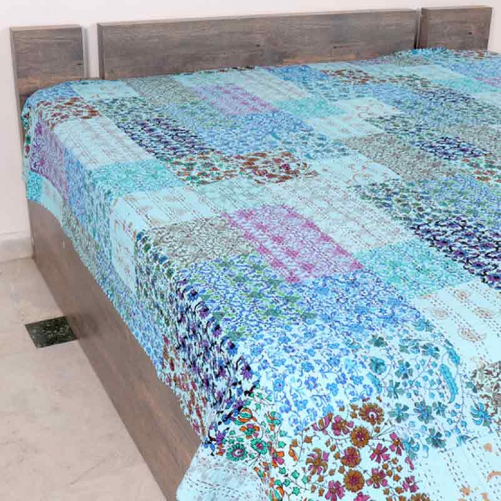 COTTON HAND BLOCK PATCH WORK PRINT KANTHA BED COVER FOR ALL-SEASON