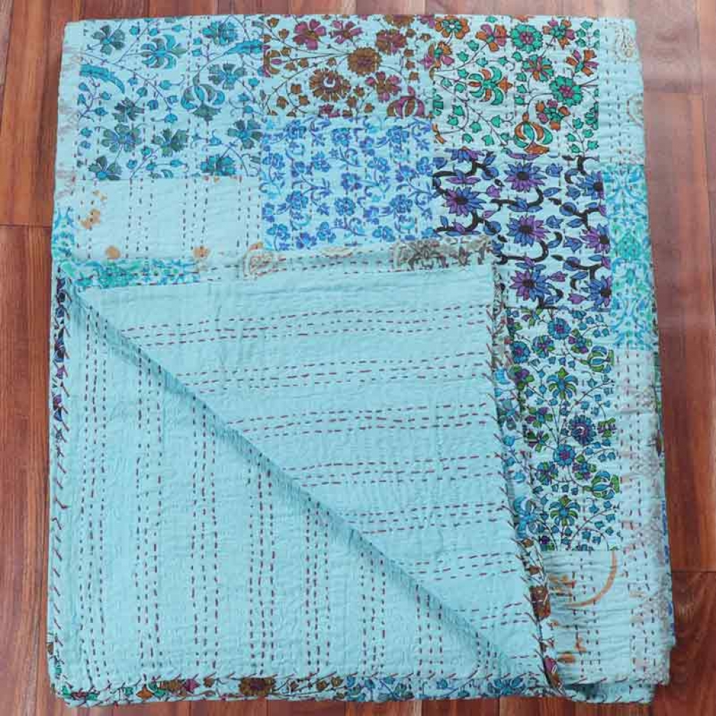 COTTON HAND BLOCK PATCH WORK PRINT KANTHA BED COVER FOR ALL-SEASON