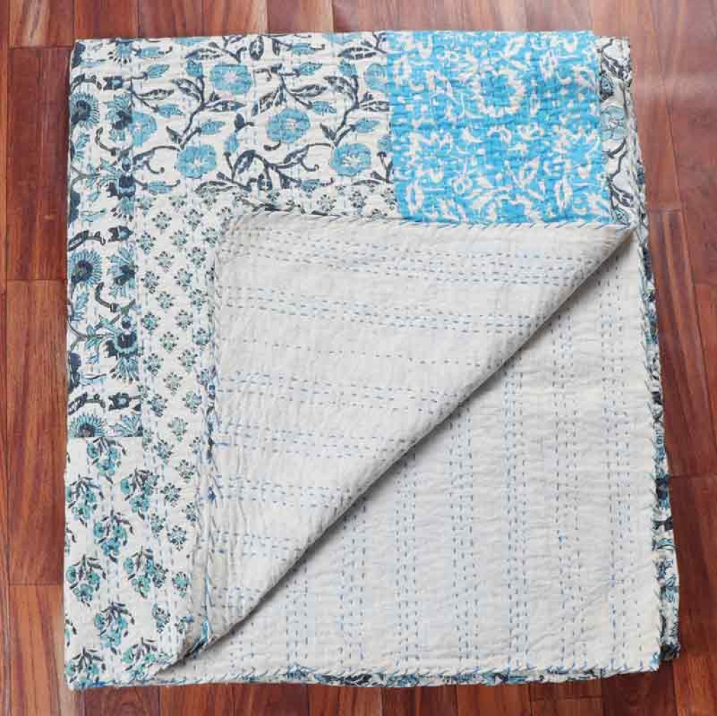 COTTON HAND BLOCK PATCH WORK PRINT KANTHA BED COVER FOR ALL-SEASON
