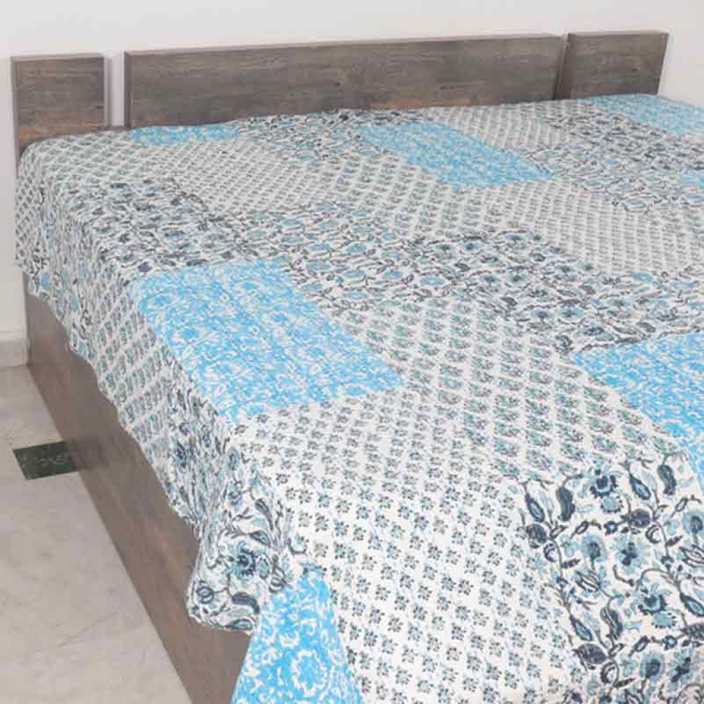 COTTON HAND BLOCK PATCH WORK PRINT KANTHA BED COVER FOR ALL-SEASON
