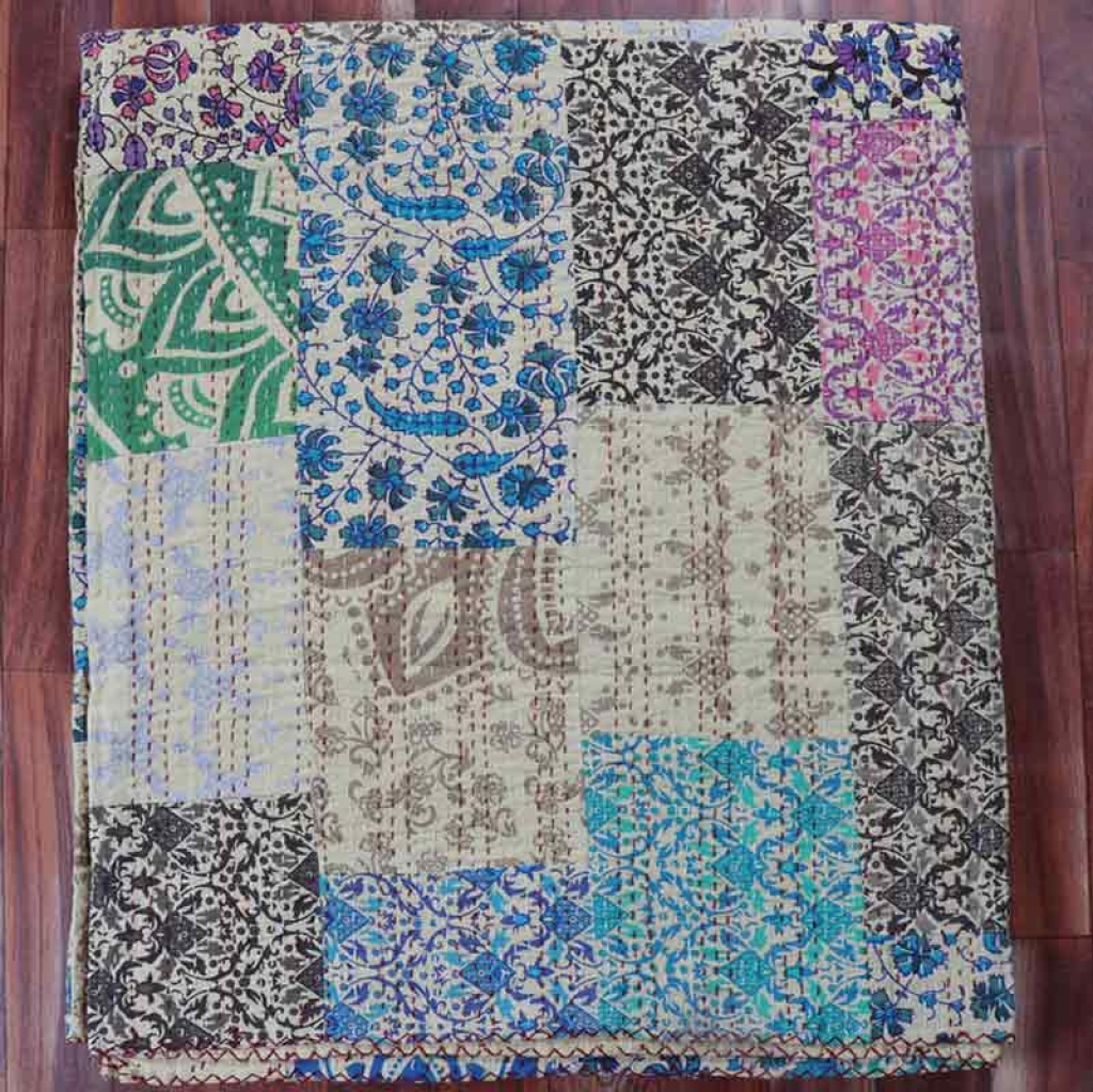 COTTON HAND BLOCK PATCH WORK PRINT KANTHA BED COVER FOR ALL-SEASON