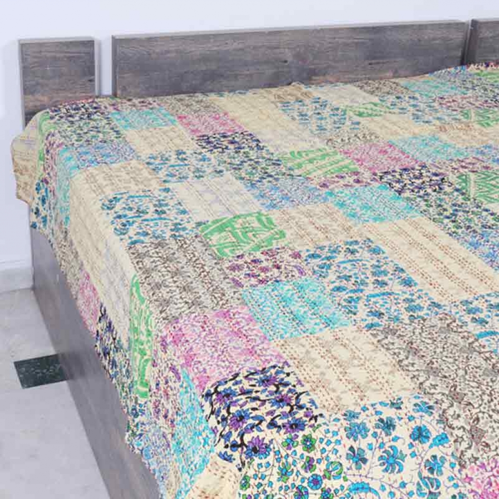 COTTON HAND BLOCK PATCH WORK PRINT KANTHA BED COVER FOR ALL-SEASON
