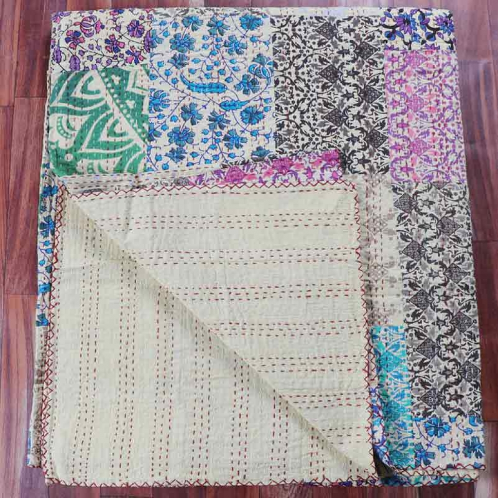 COTTON HAND BLOCK PATCH WORK PRINT KANTHA BED COVER FOR ALL-SEASON