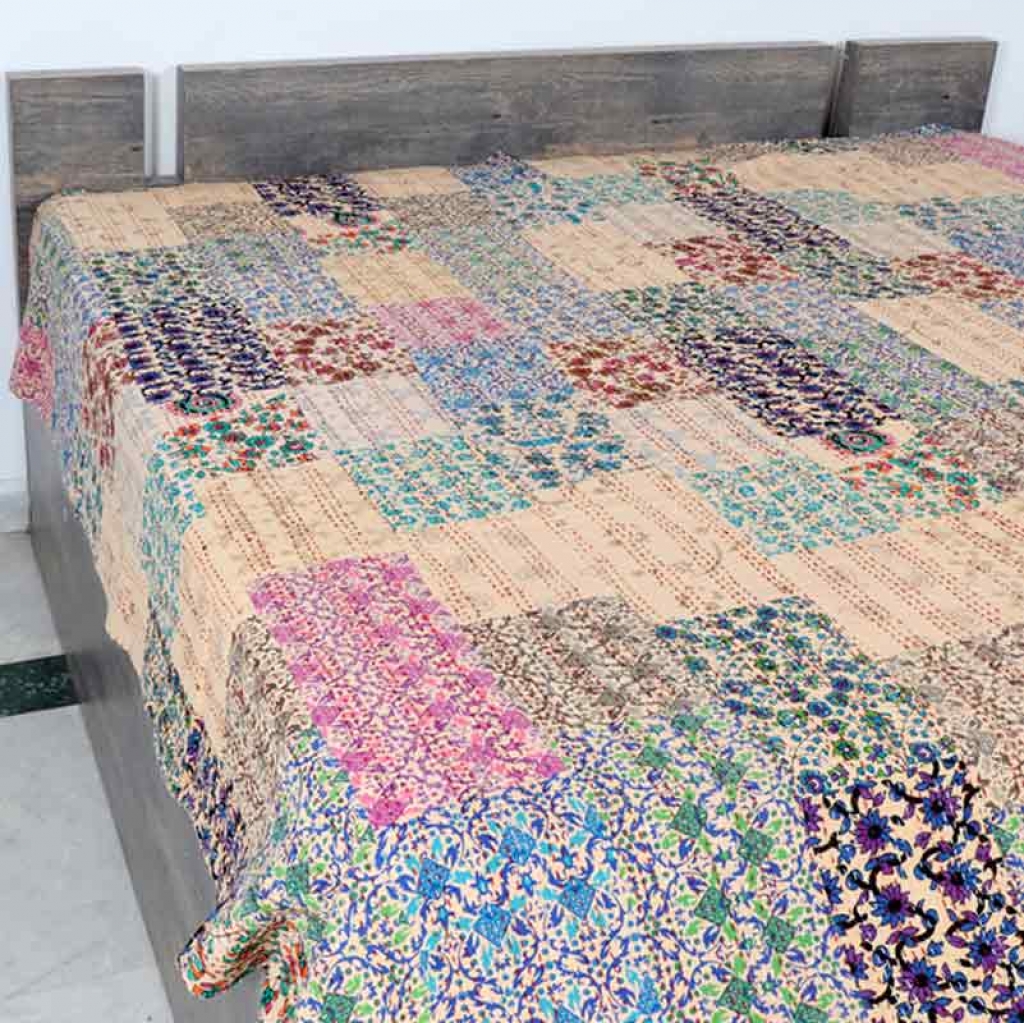 COTTON HAND BLOCK PATCH WORK PRINT KANTHA BED COVER FOR ALL-SEASON