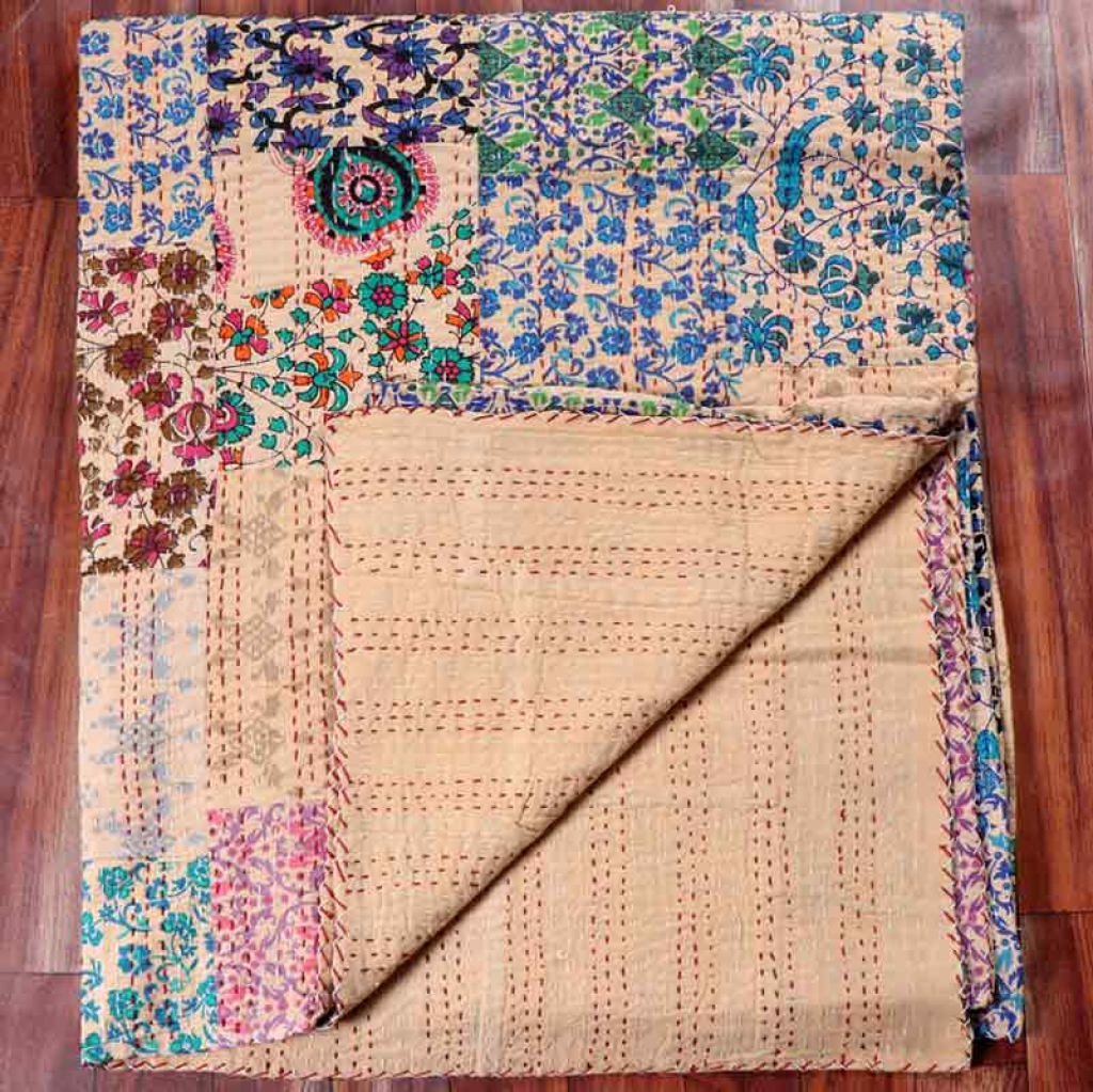 COTTON HAND BLOCK PATCH WORK PRINT KANTHA BED COVER FOR ALL-SEASON