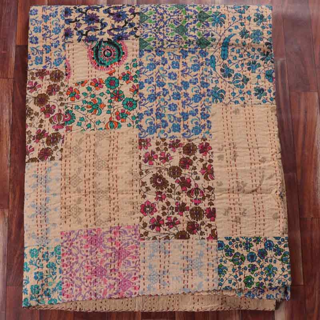 COTTON HAND BLOCK PATCH WORK PRINT KANTHA BED COVER FOR ALL-SEASON
