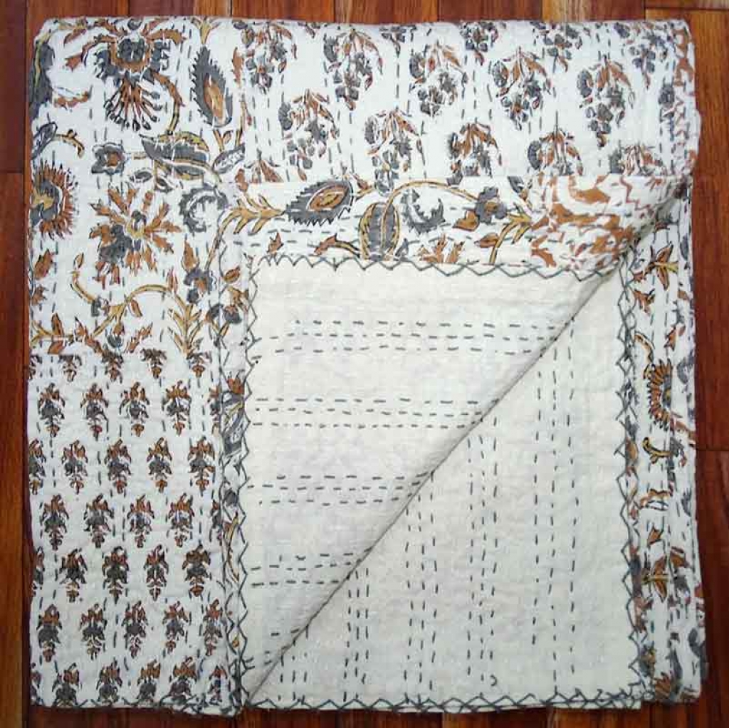 COTTON HAND BLOCK PATCH WORK PRINT KANTHA BED COVER FOR ALL-SEASON