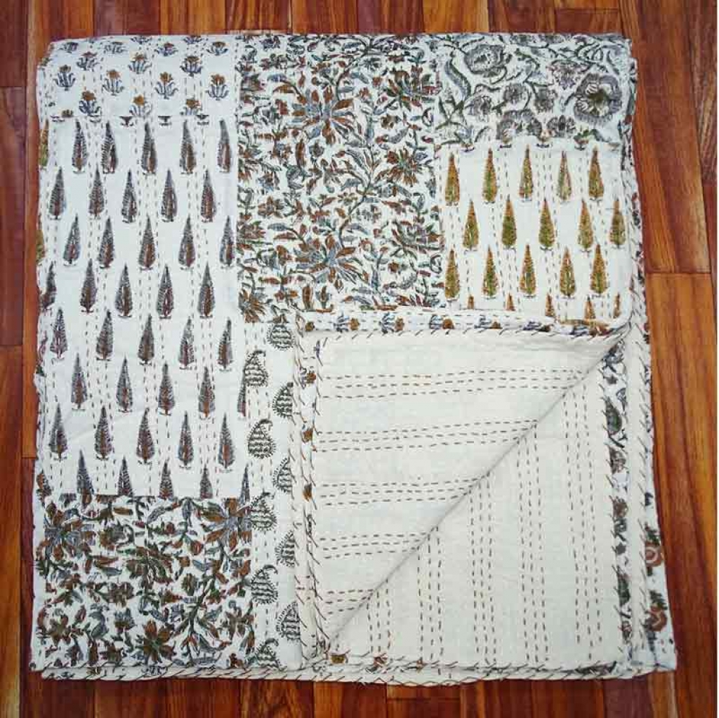 COTTON HAND BLOCK PATCH WORK PRINT KANTHA BED COVER FOR ALL-SEASON