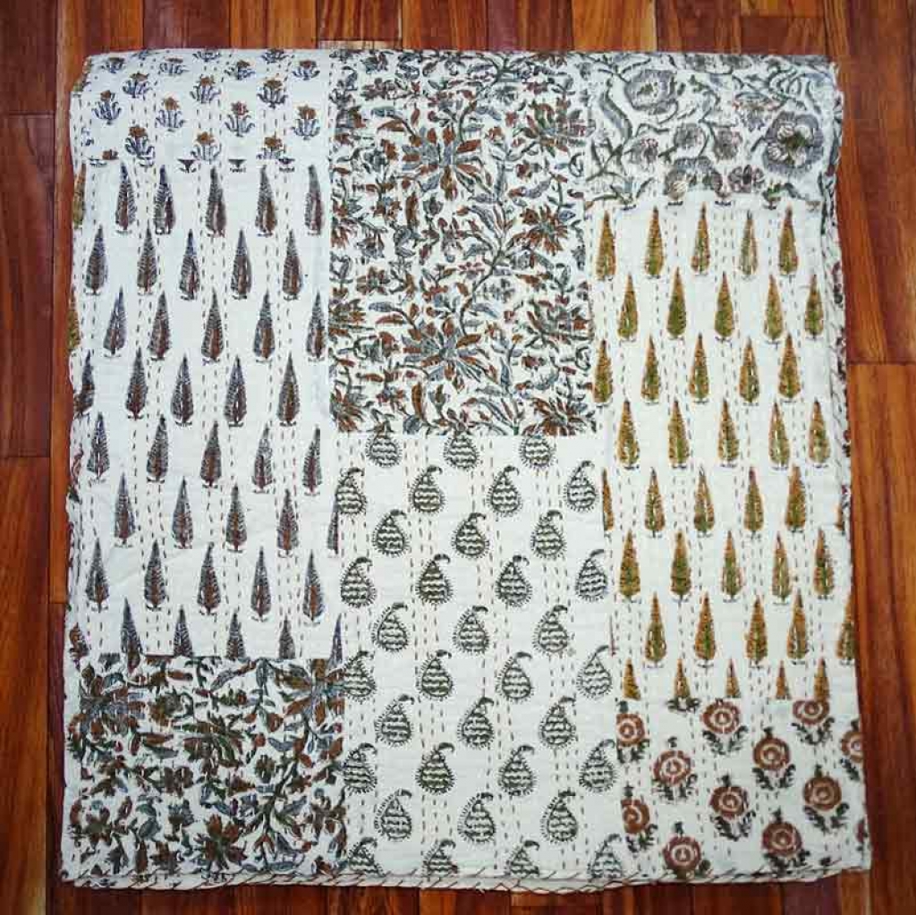 COTTON HAND BLOCK PATCH WORK PRINT KANTHA BED COVER FOR ALL-SEASON