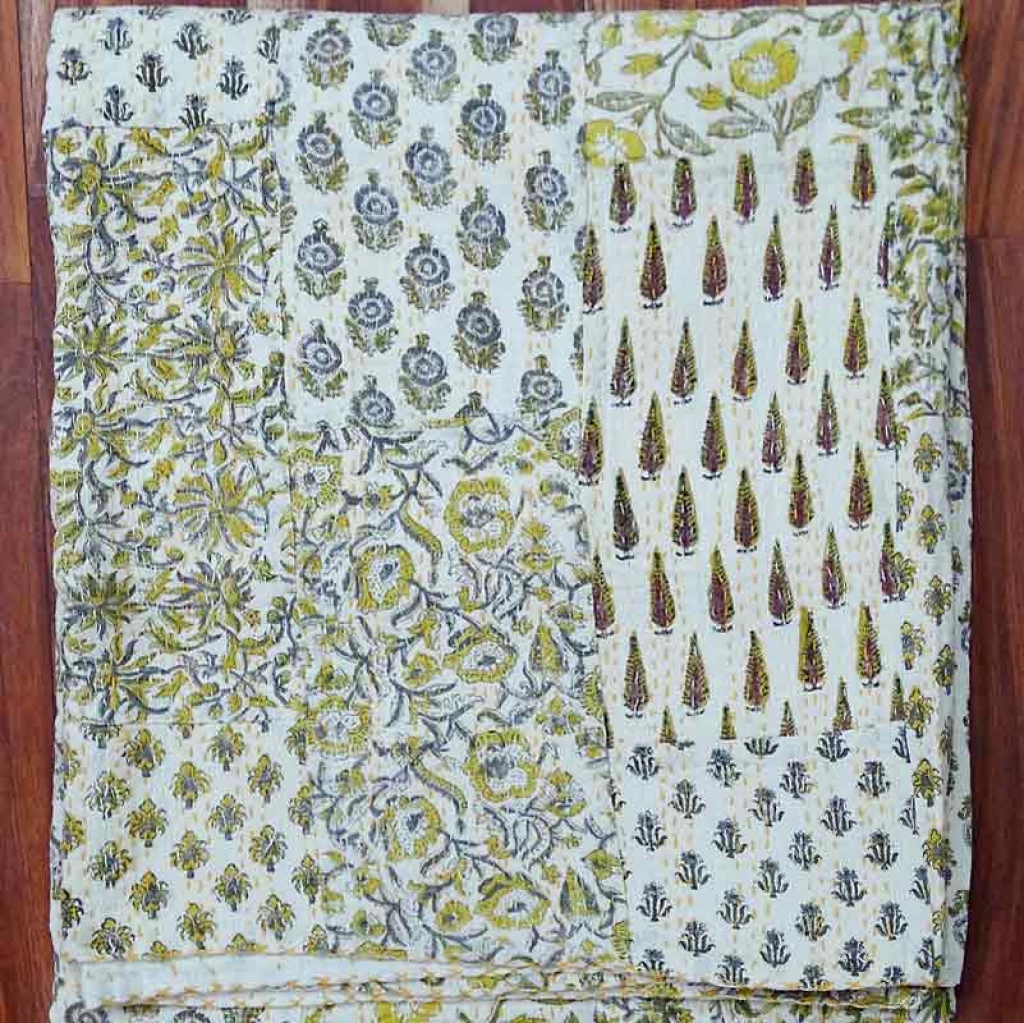 COTTON HAND BLOCK PATCH WORK PRINT KANTHA BED COVER FOR ALL-SEASON