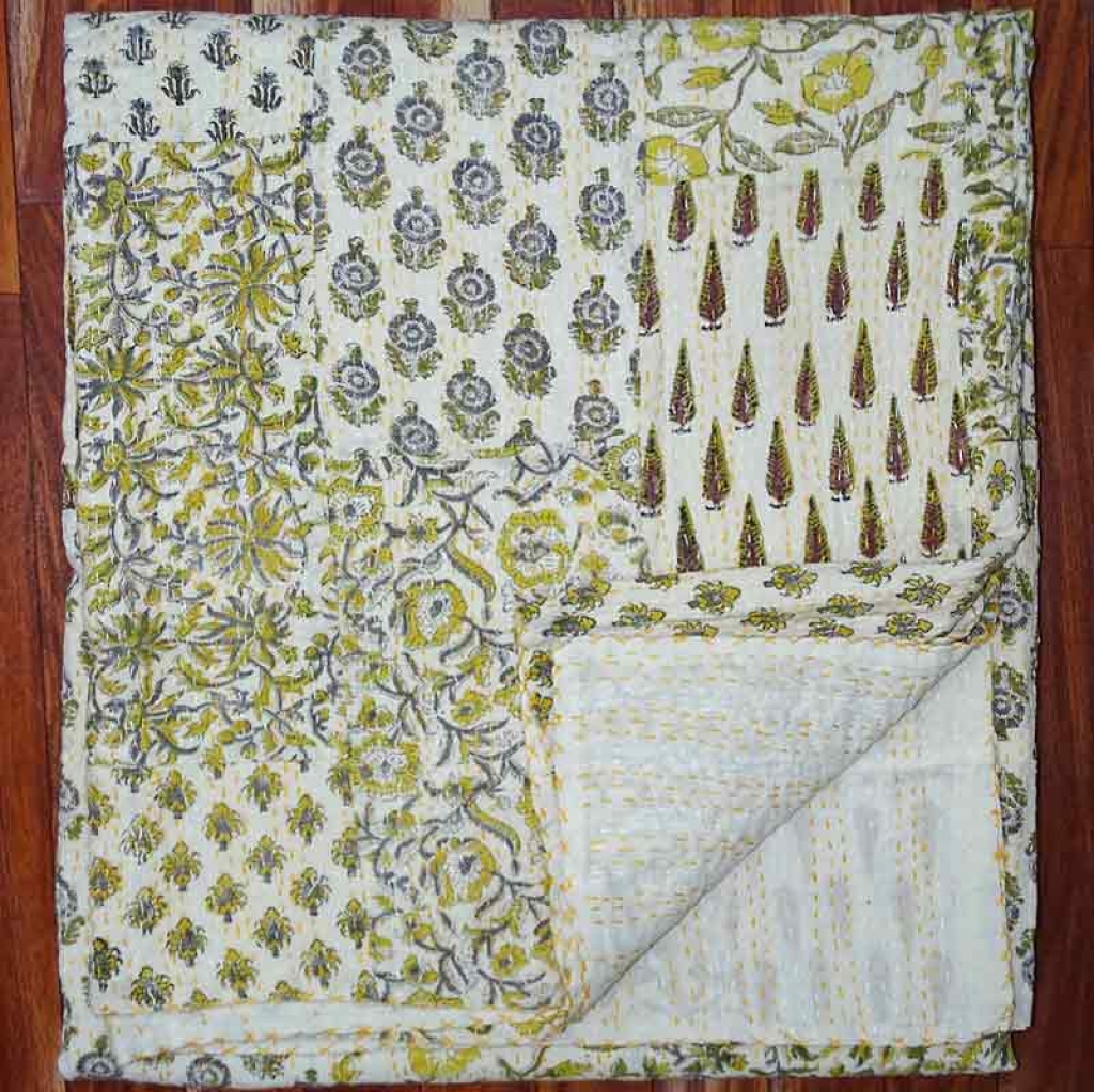 COTTON HAND BLOCK PATCH WORK PRINT KANTHA BED COVER FOR ALL-SEASON