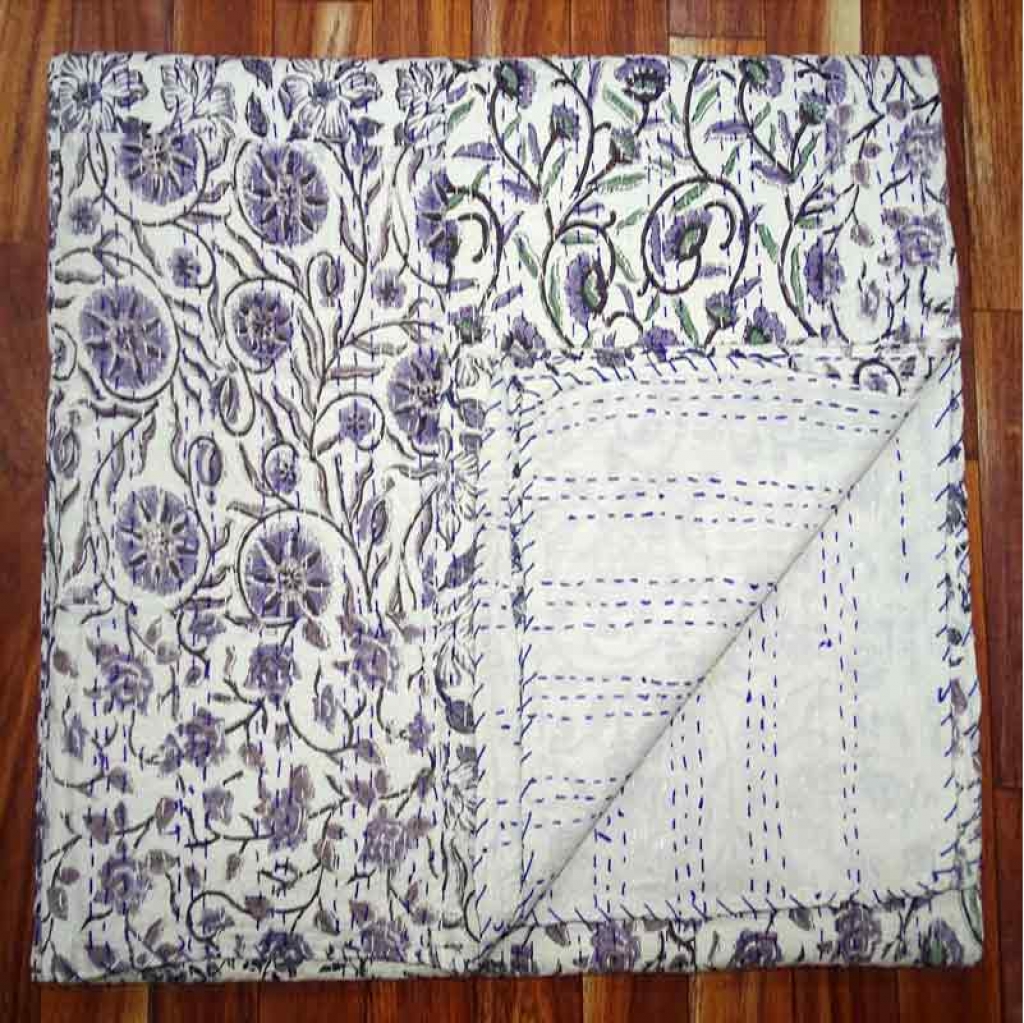 COTTON HAND BLOCK PATCH WORK PRINT KANTHA BED COVER FOR ALL-SEASON