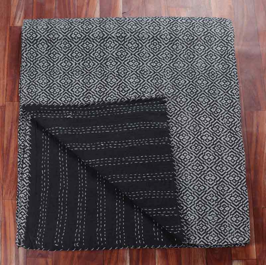 COTTON HAND BLOCK ALL OVER PRINT KANTHA BED COVER FOR ALL-SEASON
