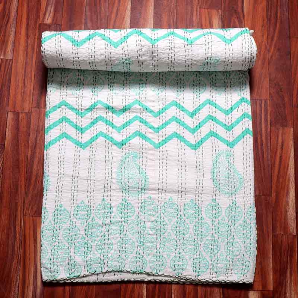 COTTON HAND BLOCK ALL OVER PRINT KANTHA BED COVER FOR ALL-SEASON