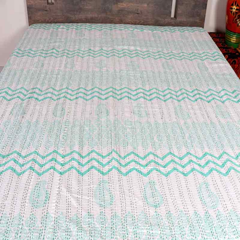 COTTON HAND BLOCK ALL OVER PRINT KANTHA BED COVER FOR ALL-SEASON
