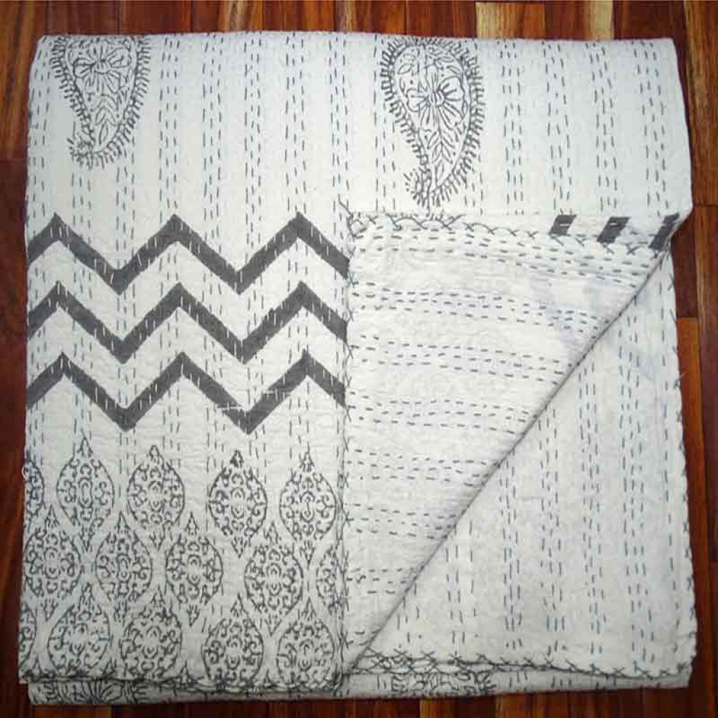 COTTON HAND BLOCK ALL OVER PRINT KANTHA BED COVER FOR ALL-SEASON