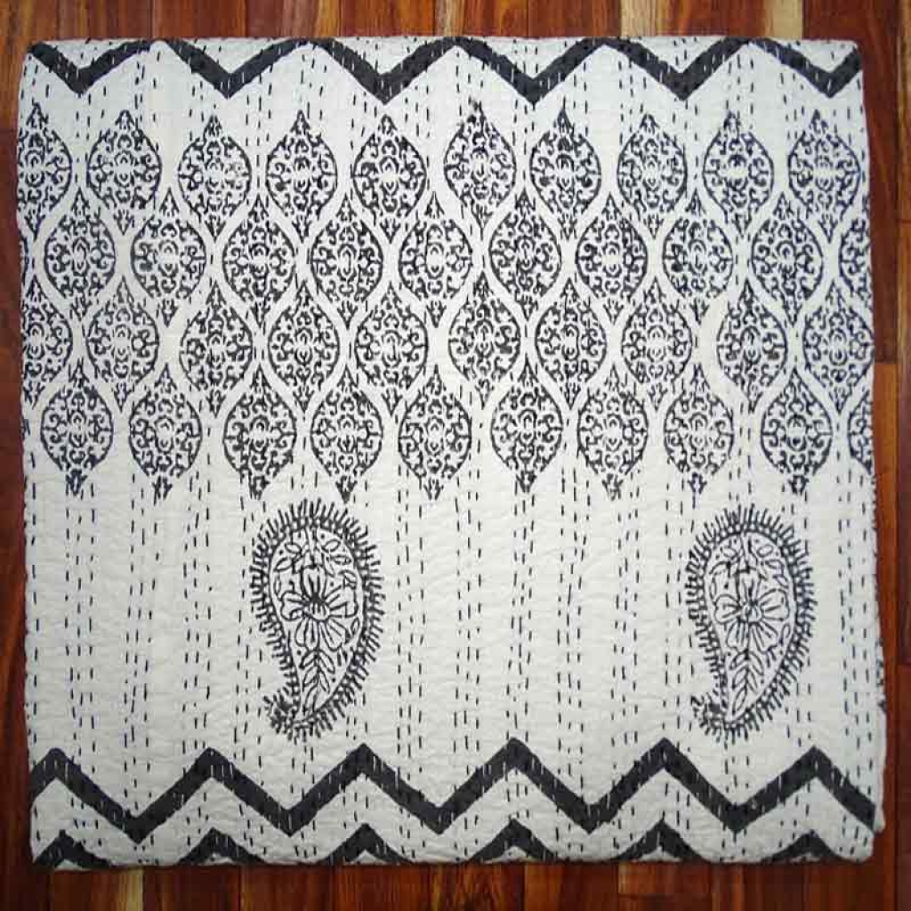 COTTON HAND BLOCK ALL OVER PRINT KANTHA BED COVER FOR ALL-SEASON