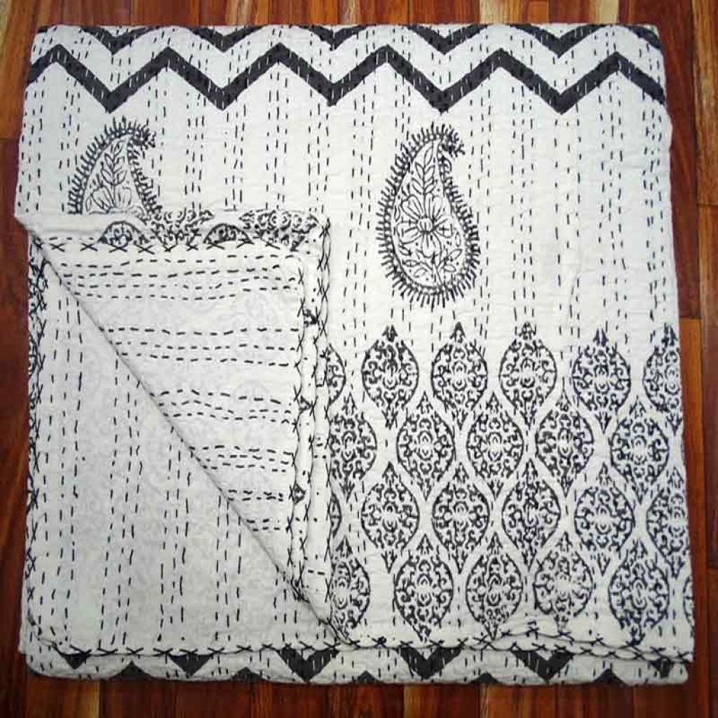 COTTON HAND BLOCK ALL OVER PRINT KANTHA BED COVER FOR ALL-SEASON