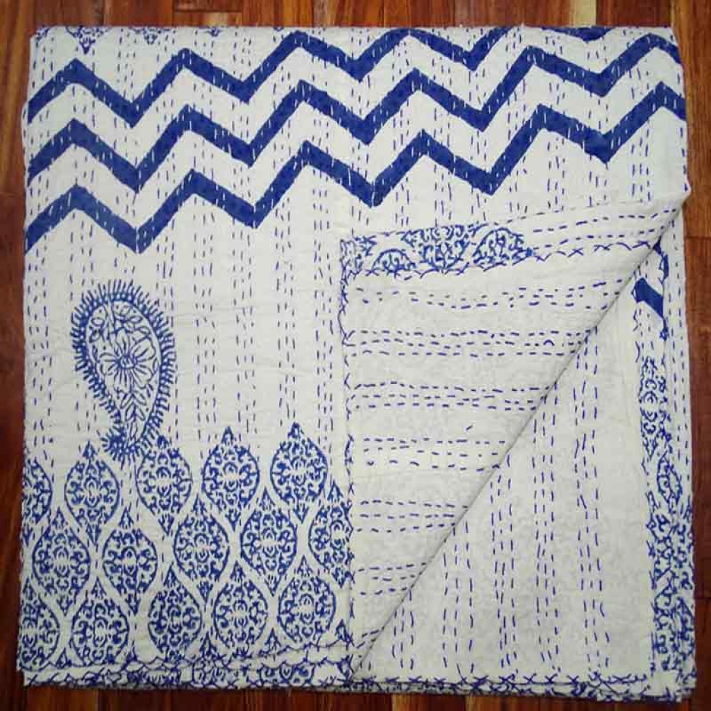 COTTON HAND BLOCK ALL OVER PRINT KANTHA BED COVER FOR ALL-SEASON