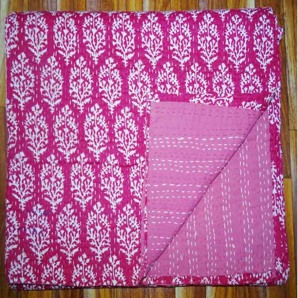 COTTON HAND BLOCK ALL OVER PRINT KANTHA BED COVER FOR ALL-SEASON