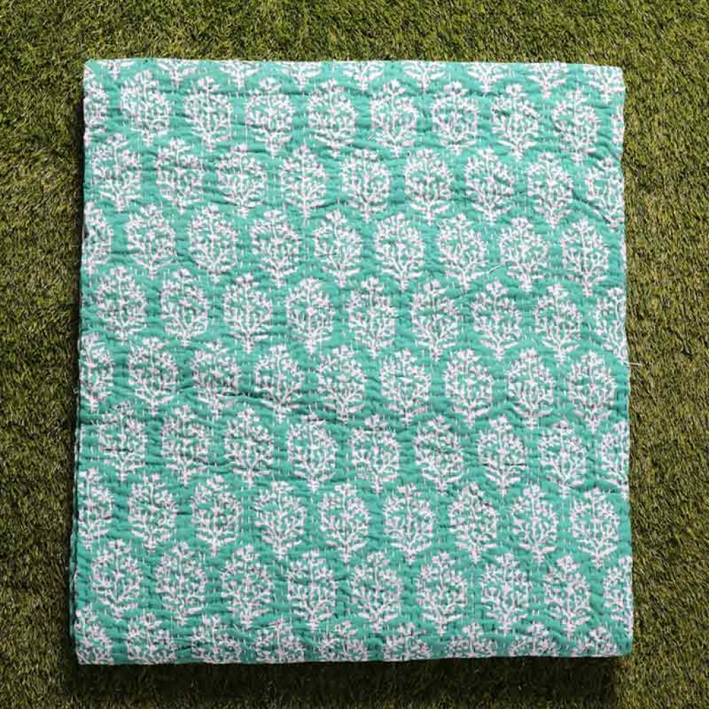 COTTON HAND BLOCK ALL OVER PRINT KANTHA BED COVER FOR ALL-SEASON