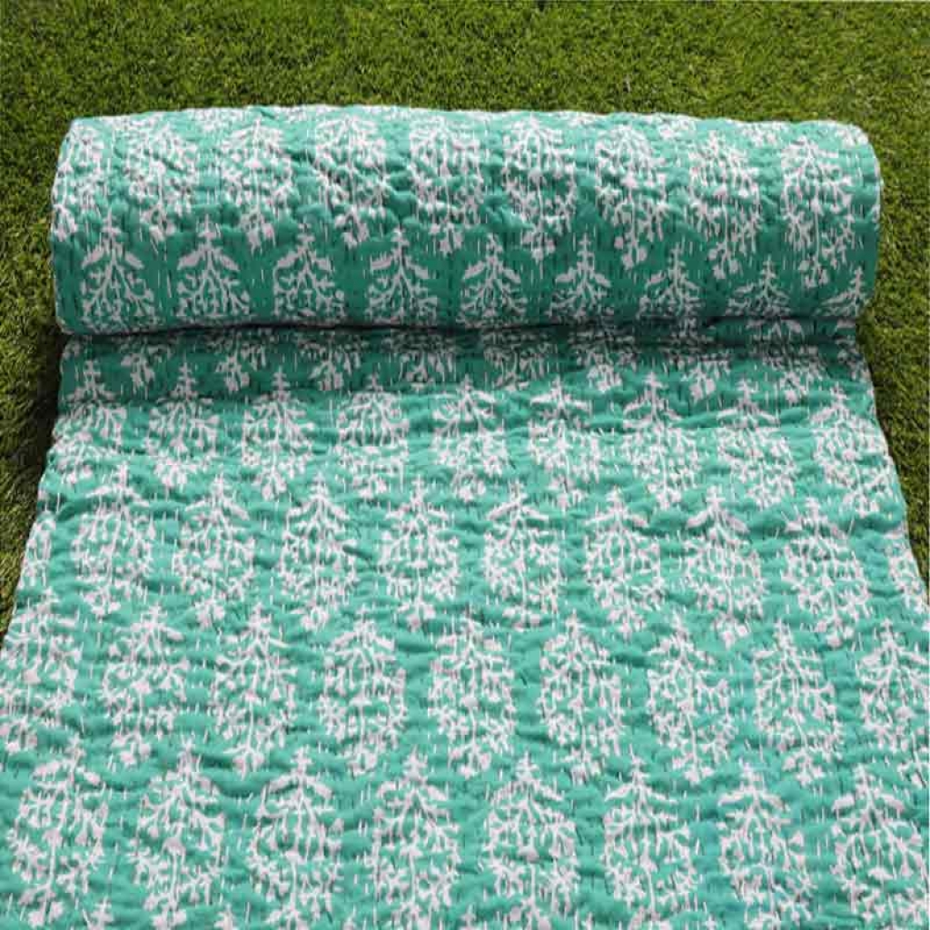 COTTON HAND BLOCK ALL OVER PRINT KANTHA BED COVER FOR ALL-SEASON