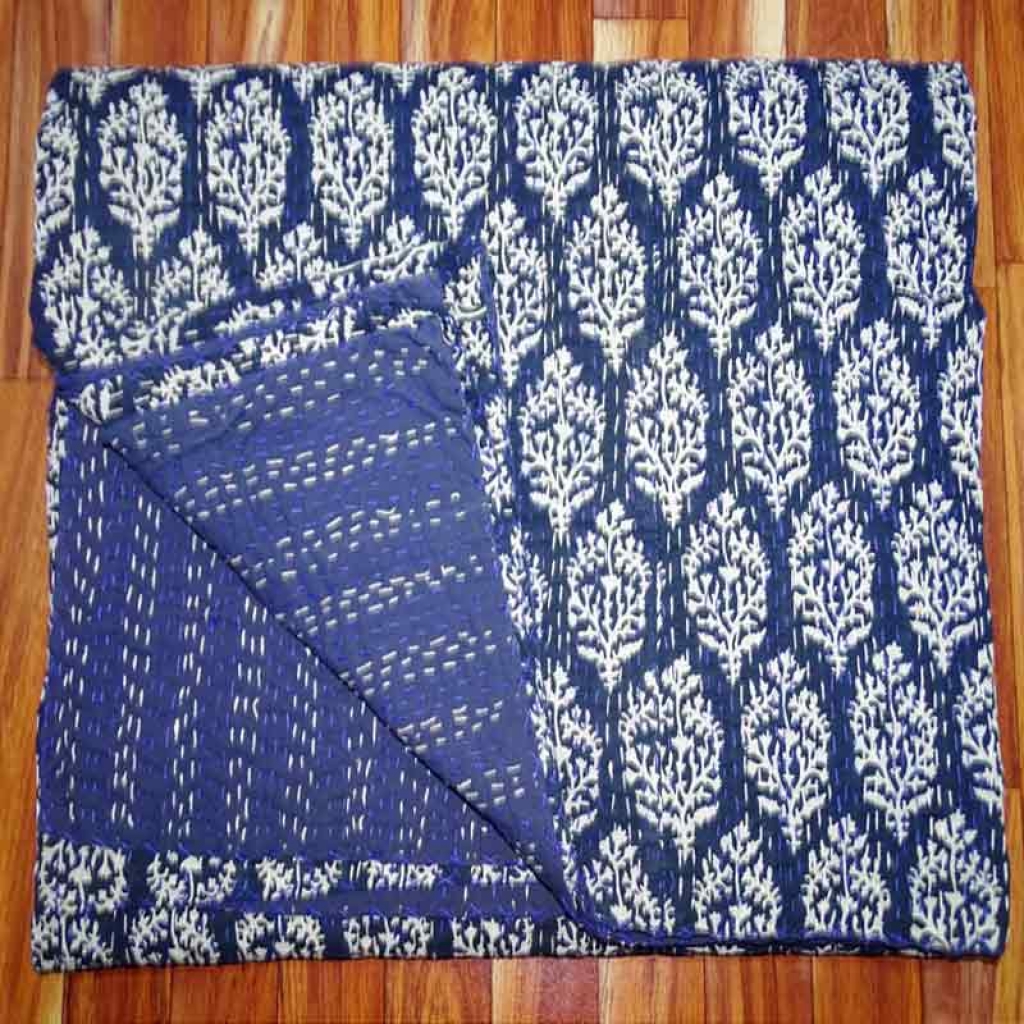 COTTON HAND BLOCK ALL OVER PRINT KANTHA BED COVER FOR ALL-SEASON