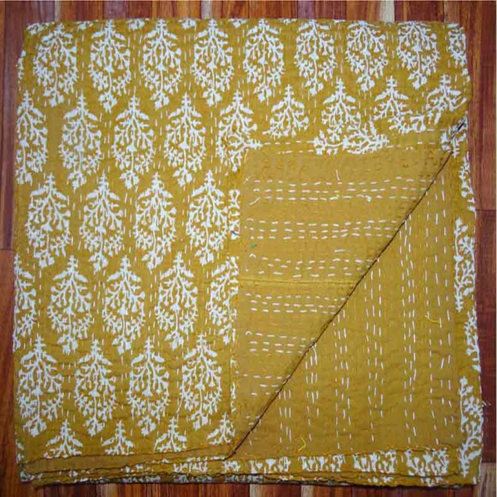 COTTON HAND BLOCK ALL OVER PRINT KANTHA BED COVER FOR ALL-SEASON