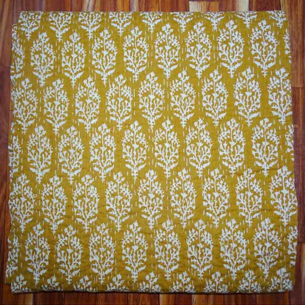 COTTON HAND BLOCK ALL OVER PRINT KANTHA BED COVER FOR ALL-SEASON