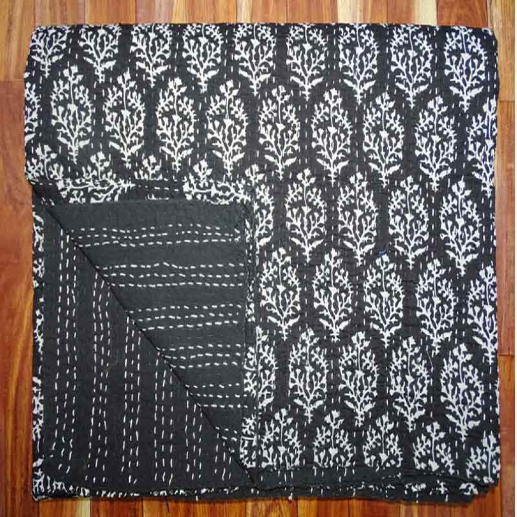 COTTON HAND BLOCK ALL OVER PRINT KANTHA BED COVER FOR ALL-SEASON