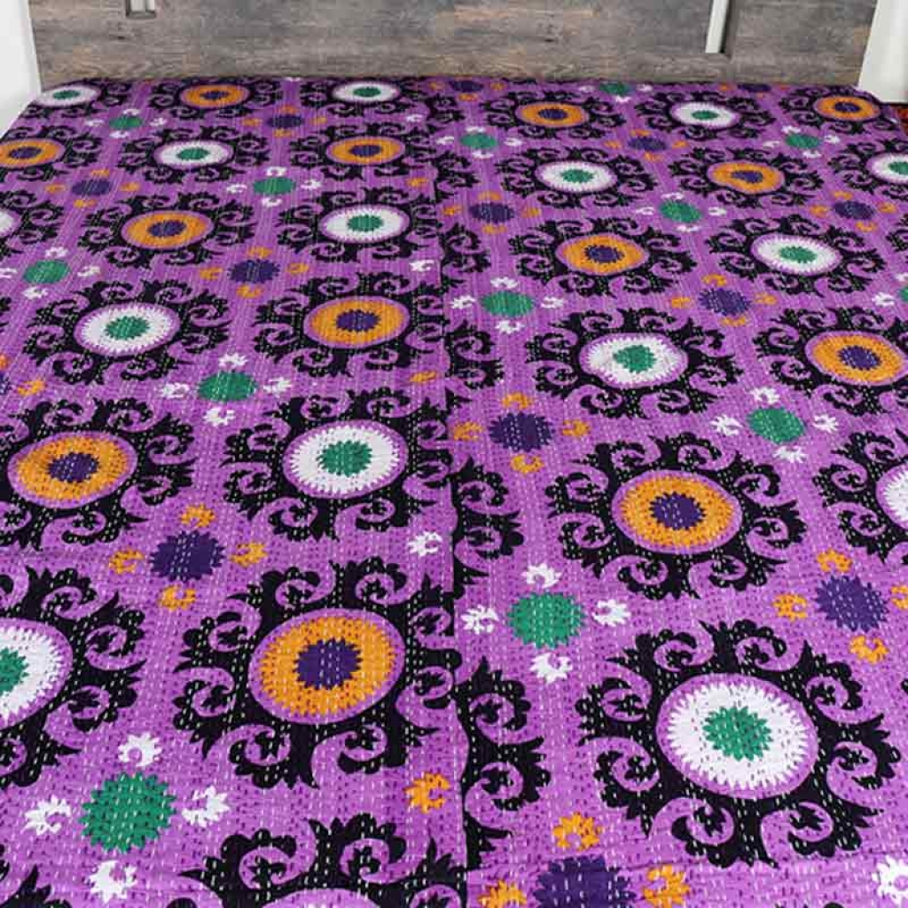 COTTON DISCHARGE PRINT KANTHA BED COVER FOR ALL-SEASON 100% COTTON