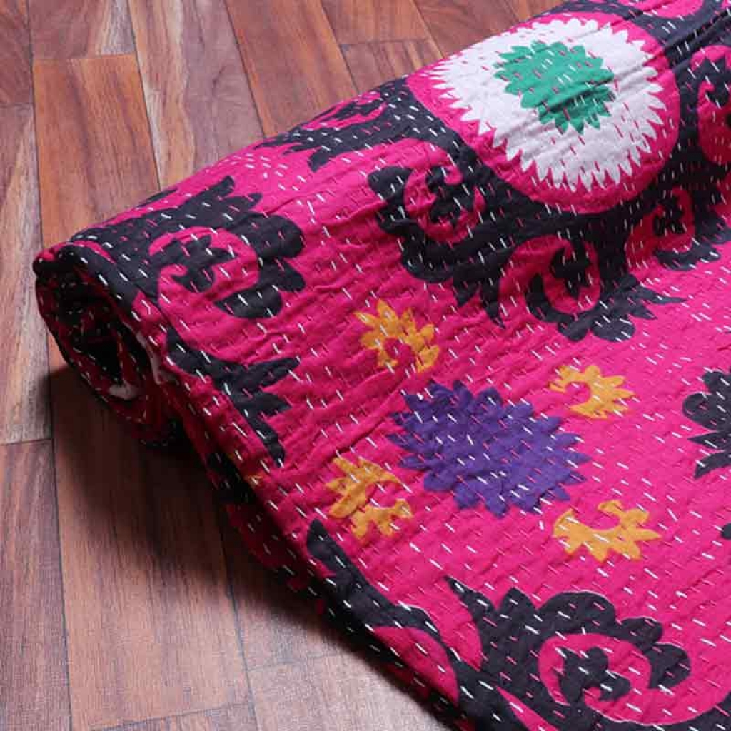 COTTON DISCHARGE PRINT KANTHA BED COVER FOR ALL-SEASON