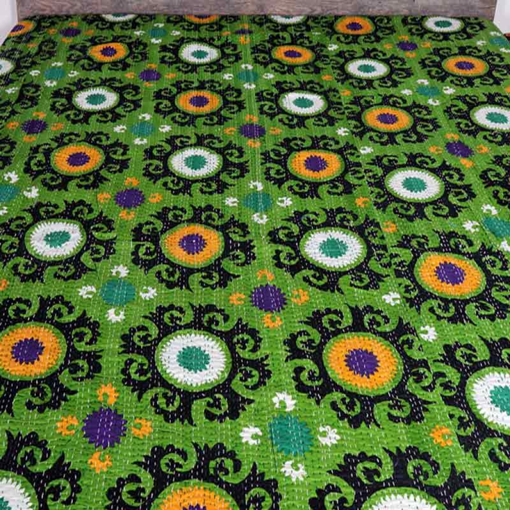 COTTON DISCHARGE PRINT KANTHA BED COVER FOR ALL-SEASON
