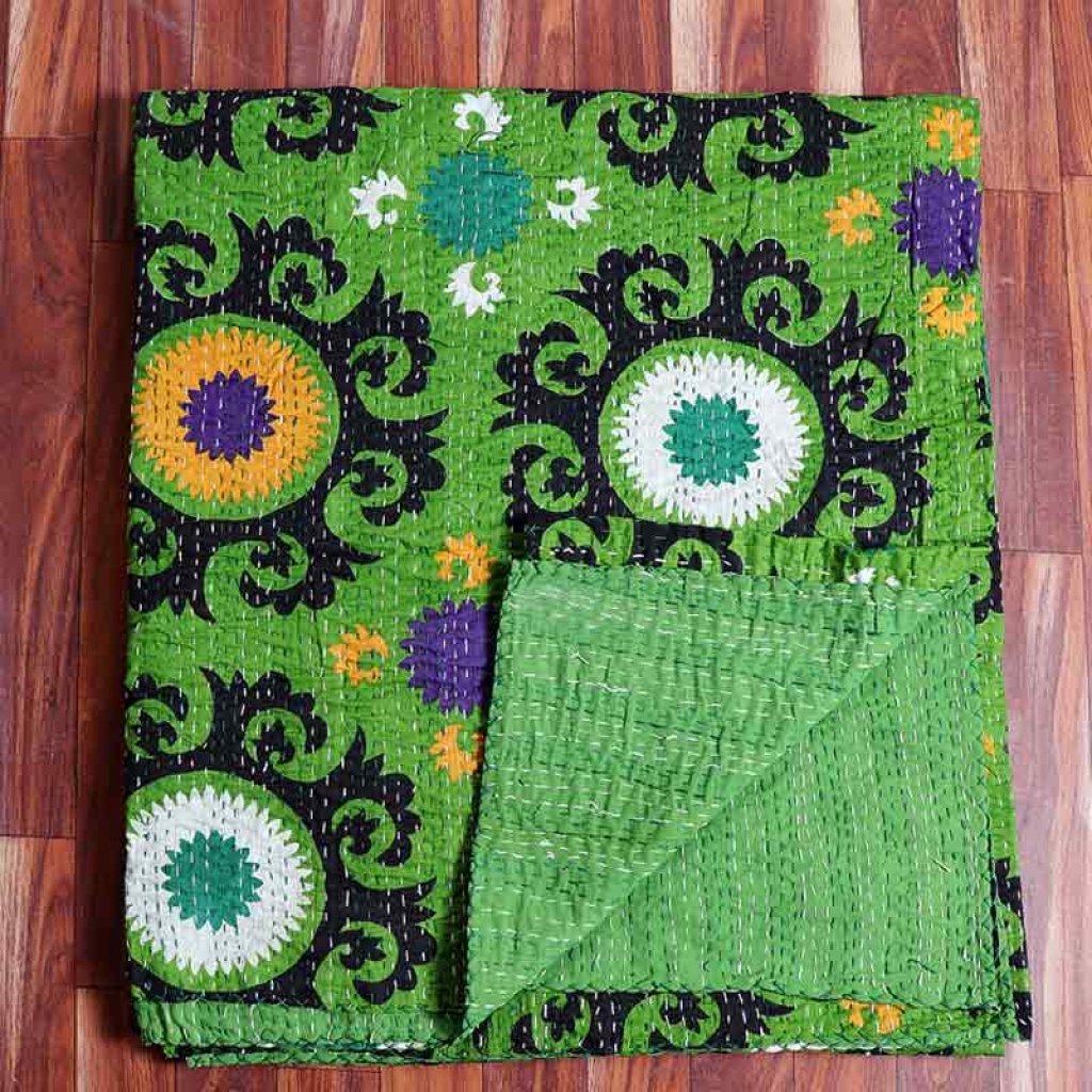 COTTON DISCHARGE PRINT KANTHA BED COVER FOR ALL-SEASON