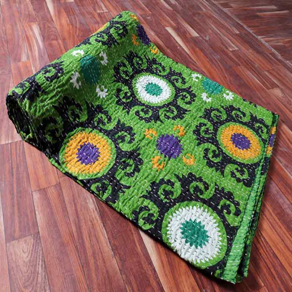 COTTON DISCHARGE PRINT KANTHA BED COVER FOR ALL-SEASON