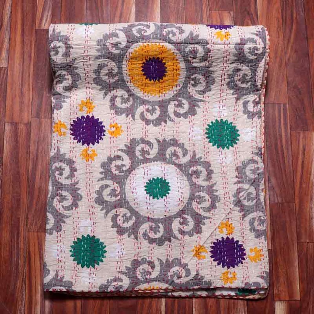 COTTON DISCHARGE PRINT KANTHA BED COVER FOR ALL-SEASON