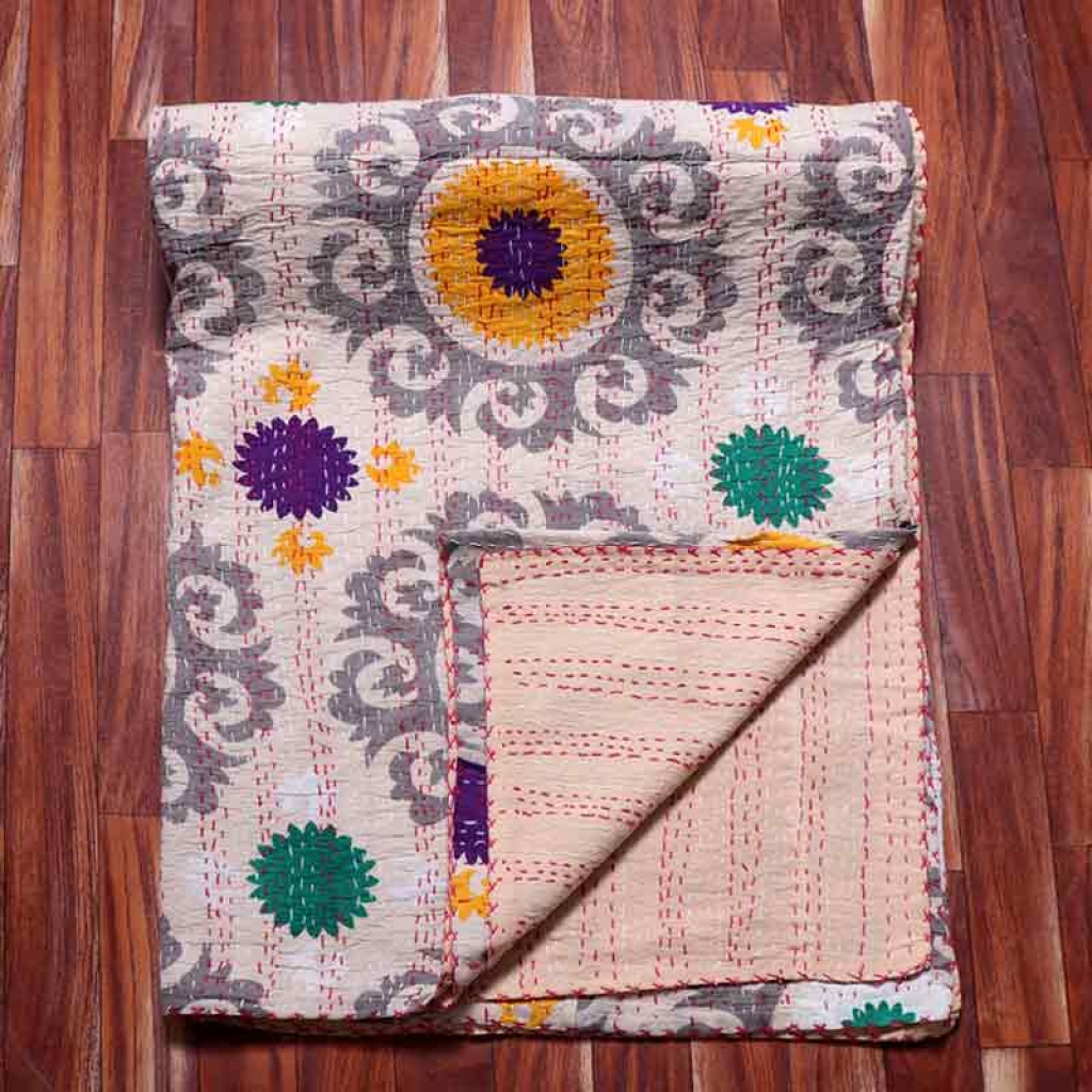 COTTON DISCHARGE PRINT KANTHA BED COVER FOR ALL-SEASON