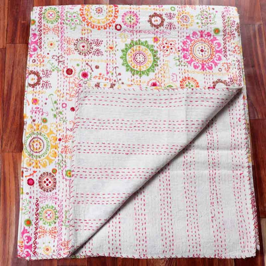 COTTON DISCHARGE PRINT KANTHA BED COVER