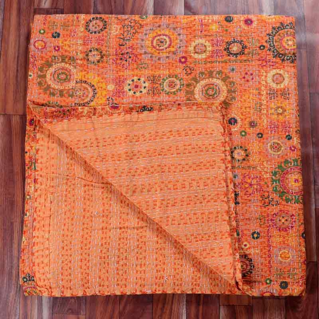 COTTON DISCHARGE PRINT KANTHA BED COVER FOR ALL-SEASON