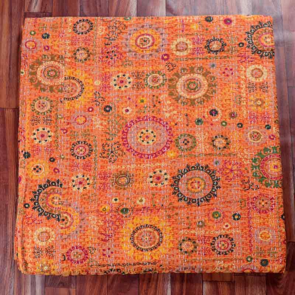 COTTON DISCHARGE PRINT KANTHA BED COVER FOR ALL-SEASON