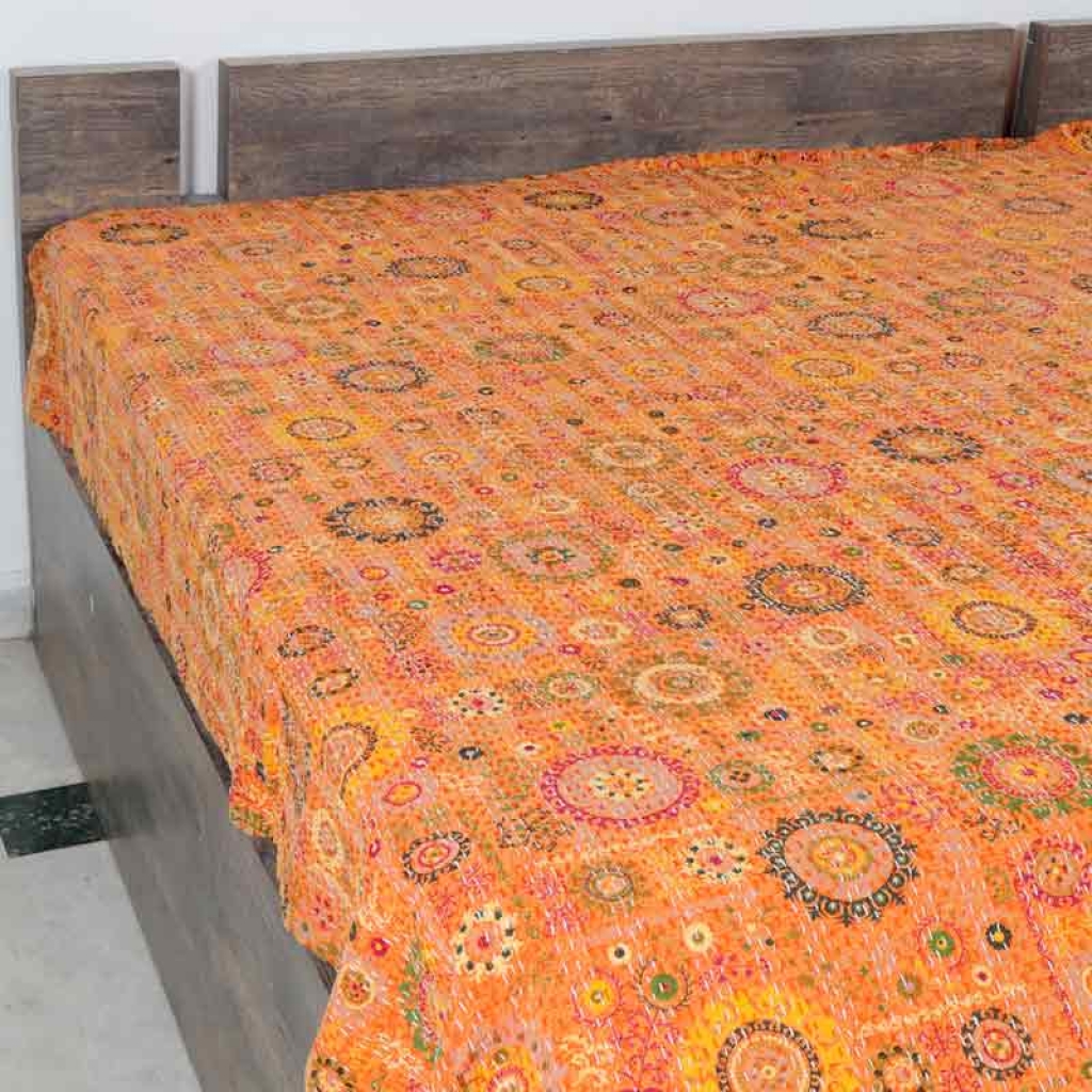 COTTON DISCHARGE PRINT KANTHA BED COVER FOR ALL-SEASON