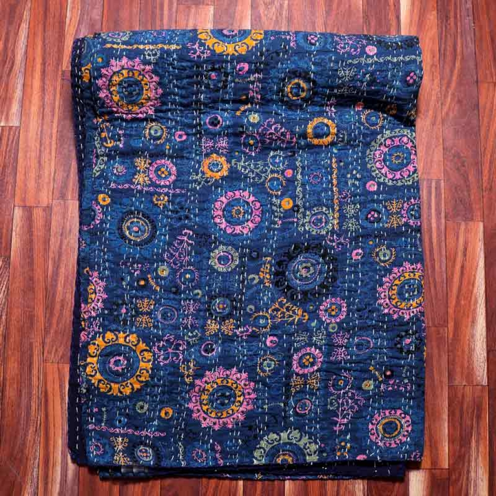 100% COTTON DISCHARGE PRINT KANTHA BEDCOVER